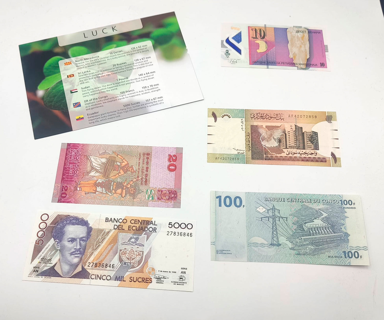 Billetes del Mundo - Colección de 5 Auténticos billetes de la SUERTE