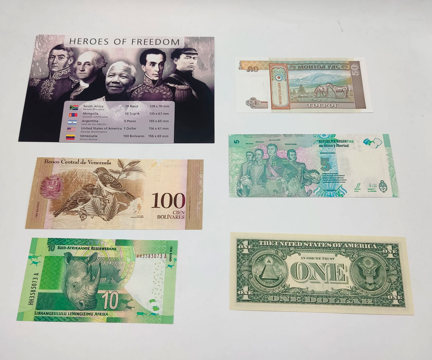 Billetes del Mundo - Colección de 5 Auténticos billetes de HÉROES DE LA LIBERTAD