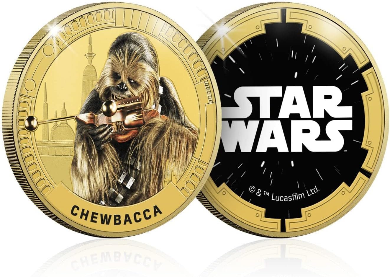 Star Wars Trilogía Original Episodios IV - VI - Chewbacca - Medalla conmemorativa acuñada con baño en Oro 24 quilates  - 44mm