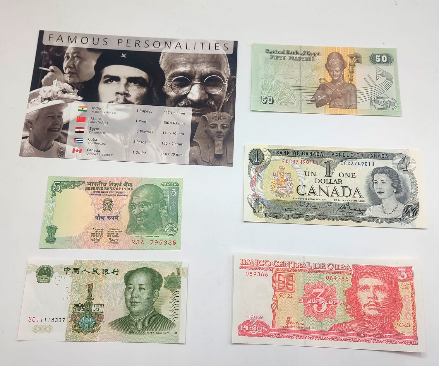 Billetes del Mundo - Colección de 5 Auténticos billetes de PERSONAJES FAMOSOS