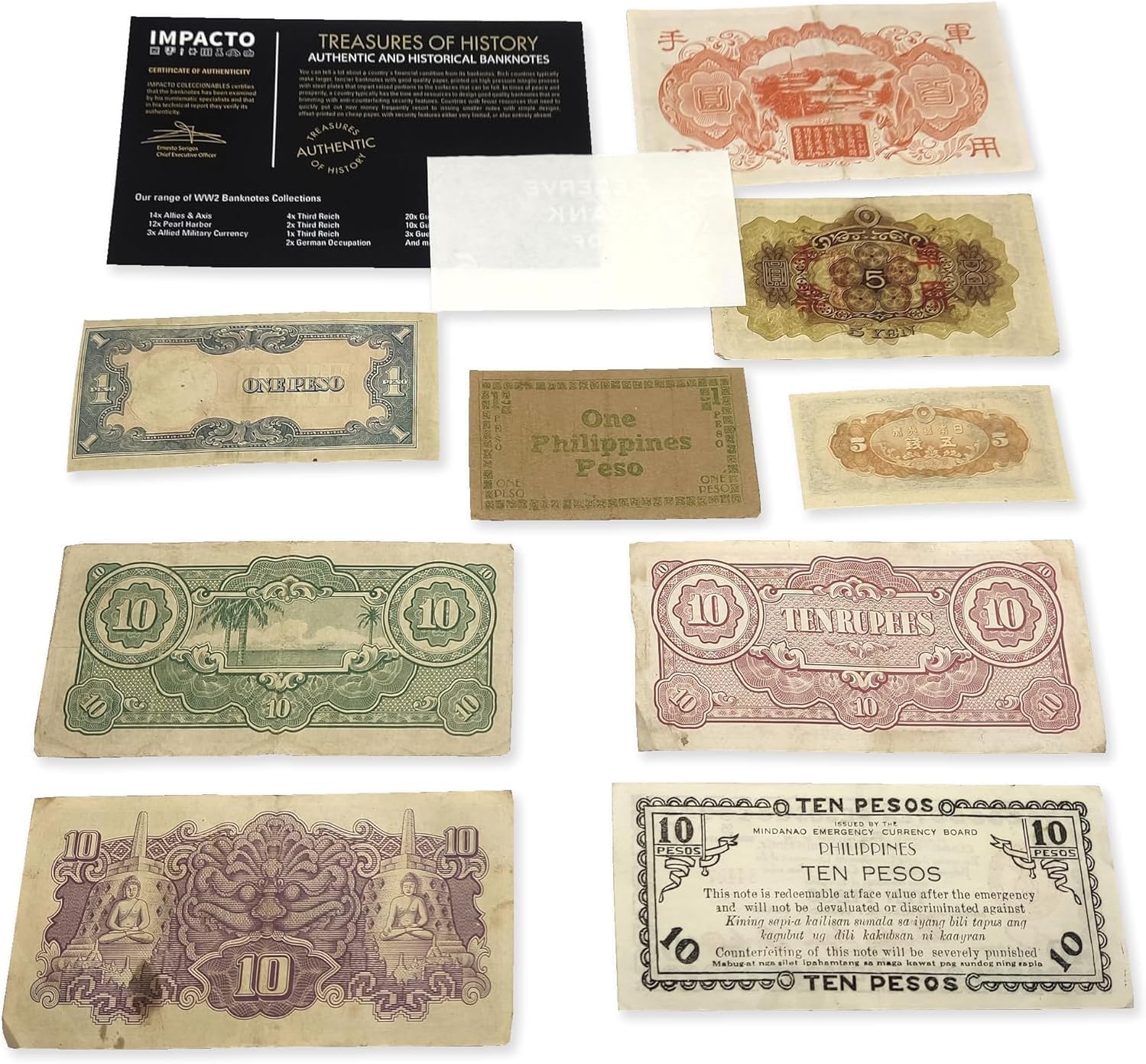 Pacific War Collection - 10 Banknotes Used During World War II Certificate of Authenticity Included