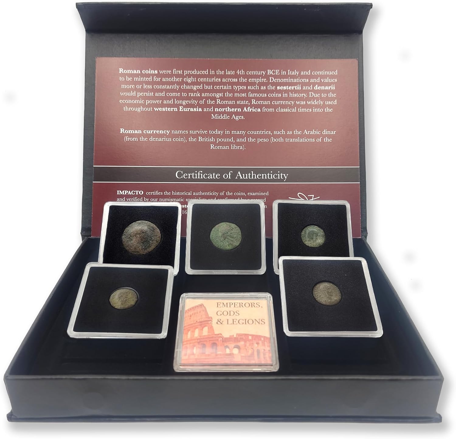 Colección de Auténticas Monedas Romanas certificadas, 5 Monedas de Emperadores, Legiones y Dioses encapsuladas: Historia del Imperio en tus Manos