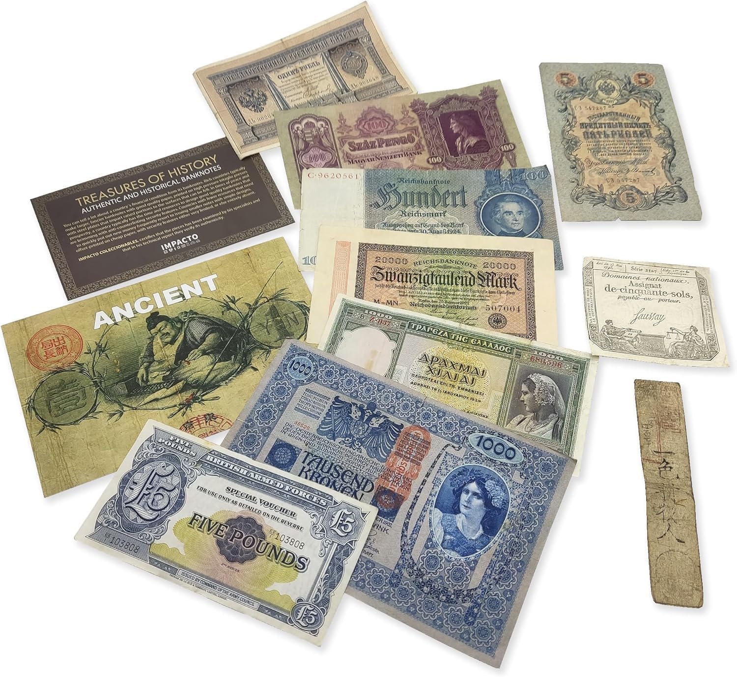 Collection of 10 Original Old Banknotes with Certificate of Authenticity. Banknotes from 3 Centuries