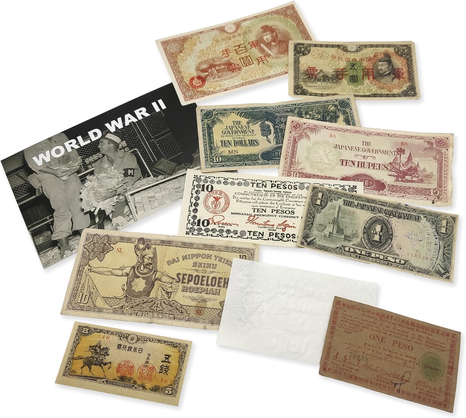 Pacific War Collection - 10 Banknotes Used During World War II Certificate of Authenticity Included