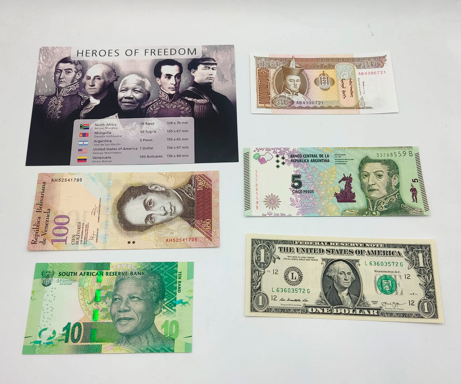 Billetes del Mundo - Colección de 5 Auténticos billetes de HÉROES DE LA LIBERTAD