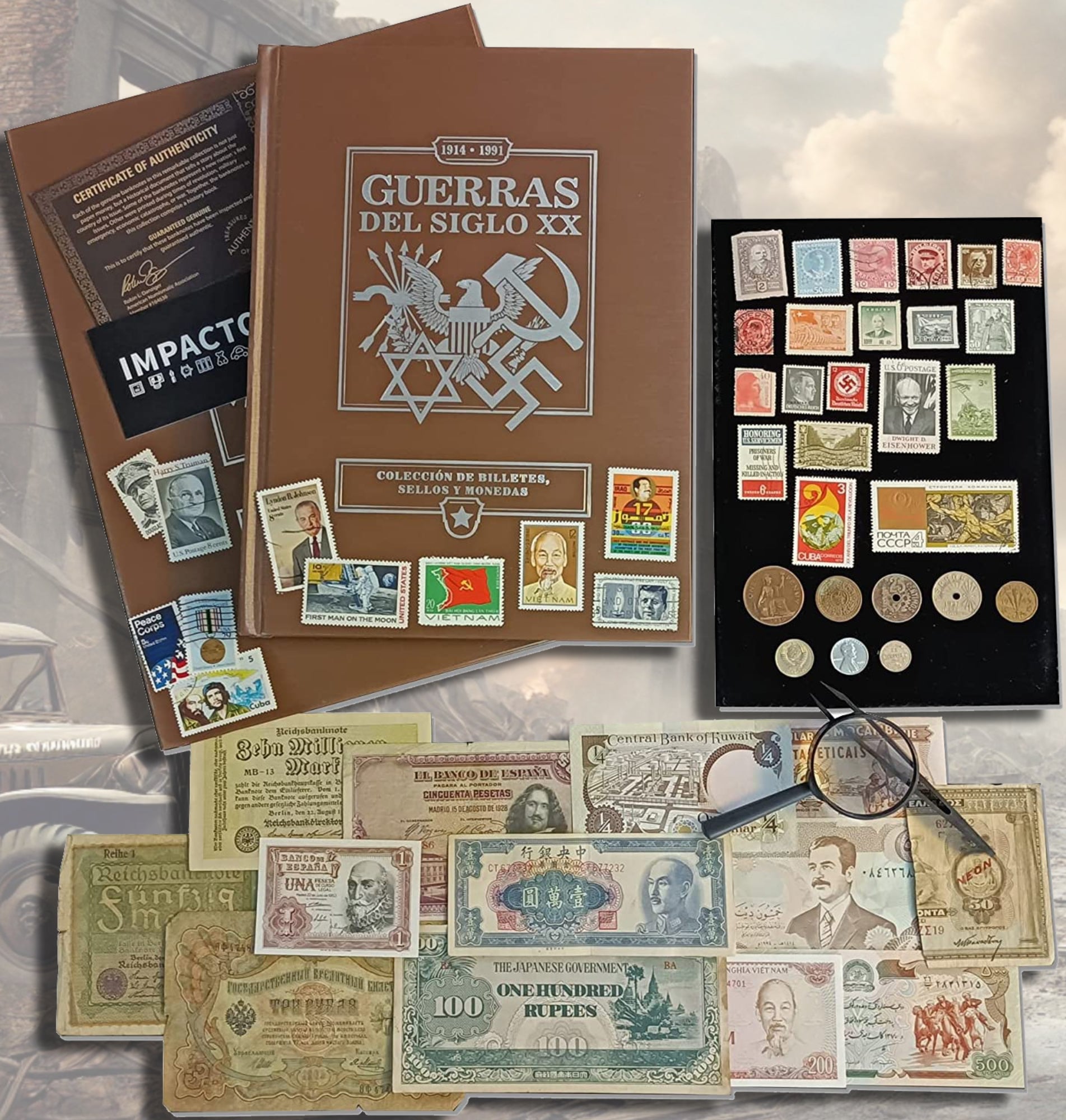 Sammlung von 52 Originalmünzen, Briefmarken und Banknoten aus den Kriegen des 20. Jahrhunderts (1914–1991)