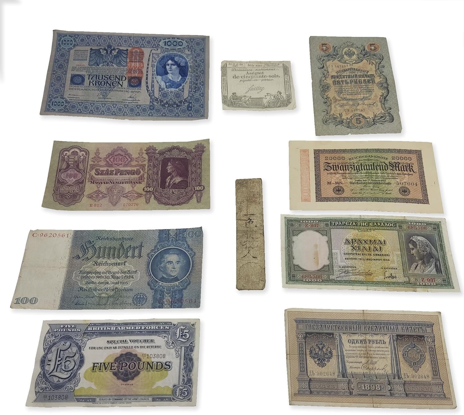 Collection of 10 Original Old Banknotes with Certificate of Authenticity. Banknotes from 3 Centuries