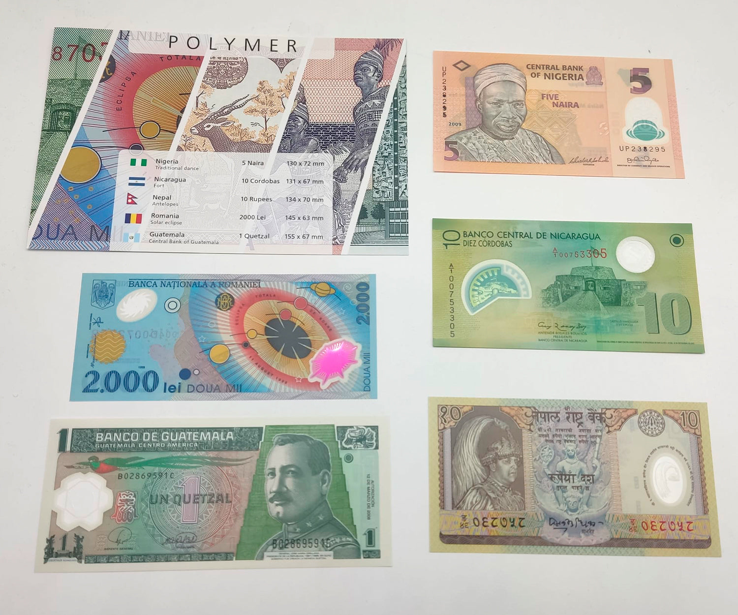 Billetes del Mundo - Colección de 5 Auténticos billetes de PLÁSTICO