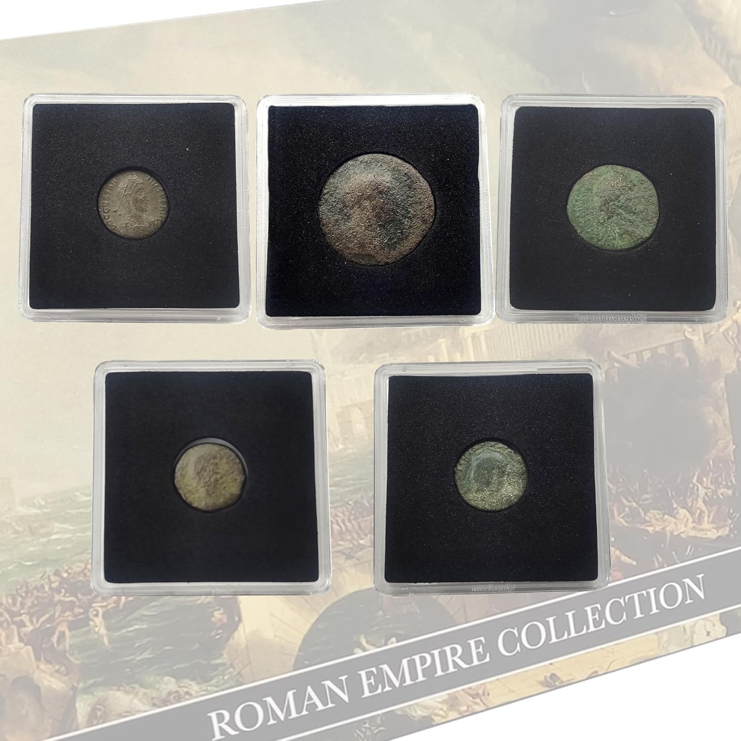 Colección de Auténticas Monedas Romanas certificadas, 5 Monedas de Emperadores, Legiones y Dioses encapsuladas: Historia del Imperio en tus Manos