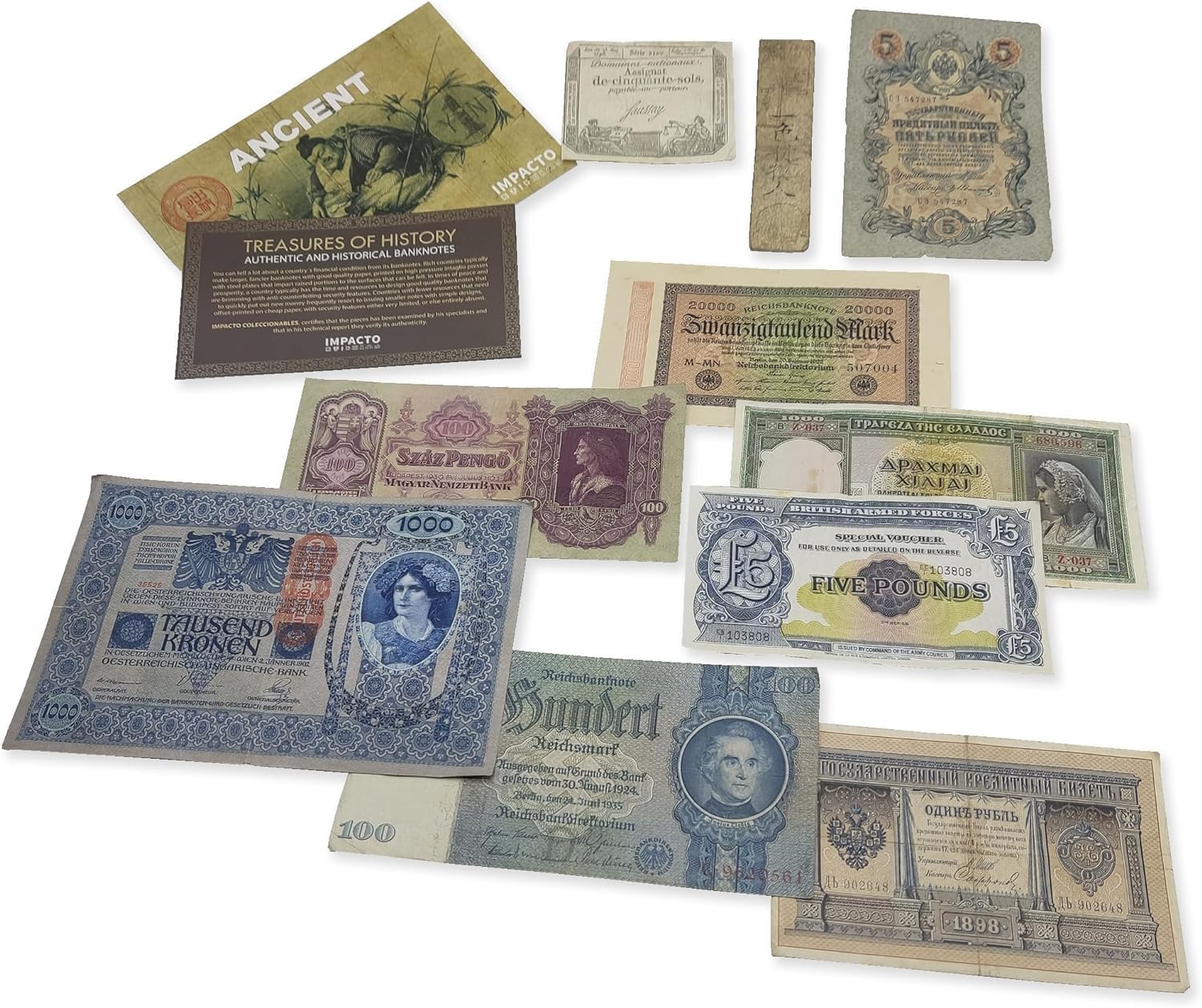 Collection of 10 Original Old Banknotes with Certificate of Authenticity. Banknotes from 3 Centuries