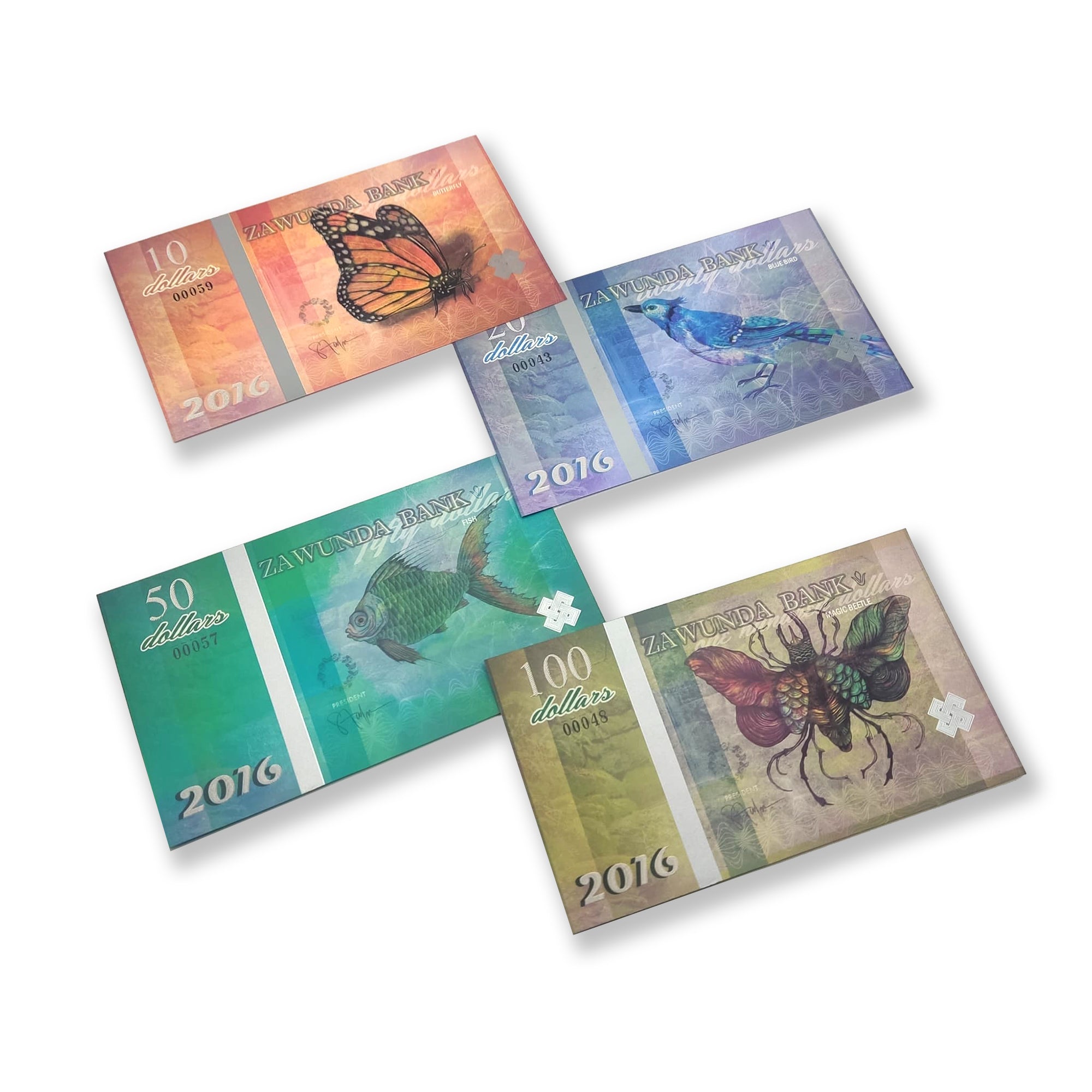 Billetes de Fantasía. 4 billetes fabricados en polímero conmemorativos de la fauna