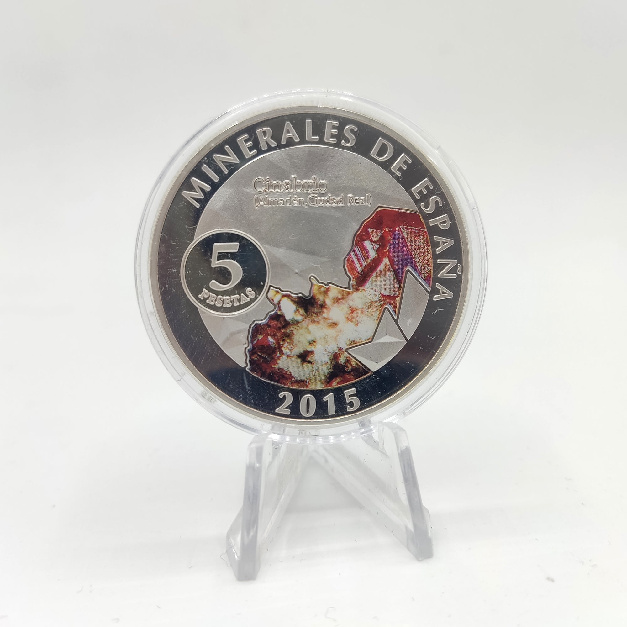 Mineralien aus Spanien. Medalla bañada en plata conmemorativa 2015. Cinabrio