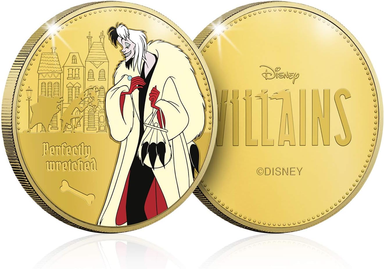 Disney Villanos. Cruella De Vil, medalla conmemorativa con baño en oro. 44mm