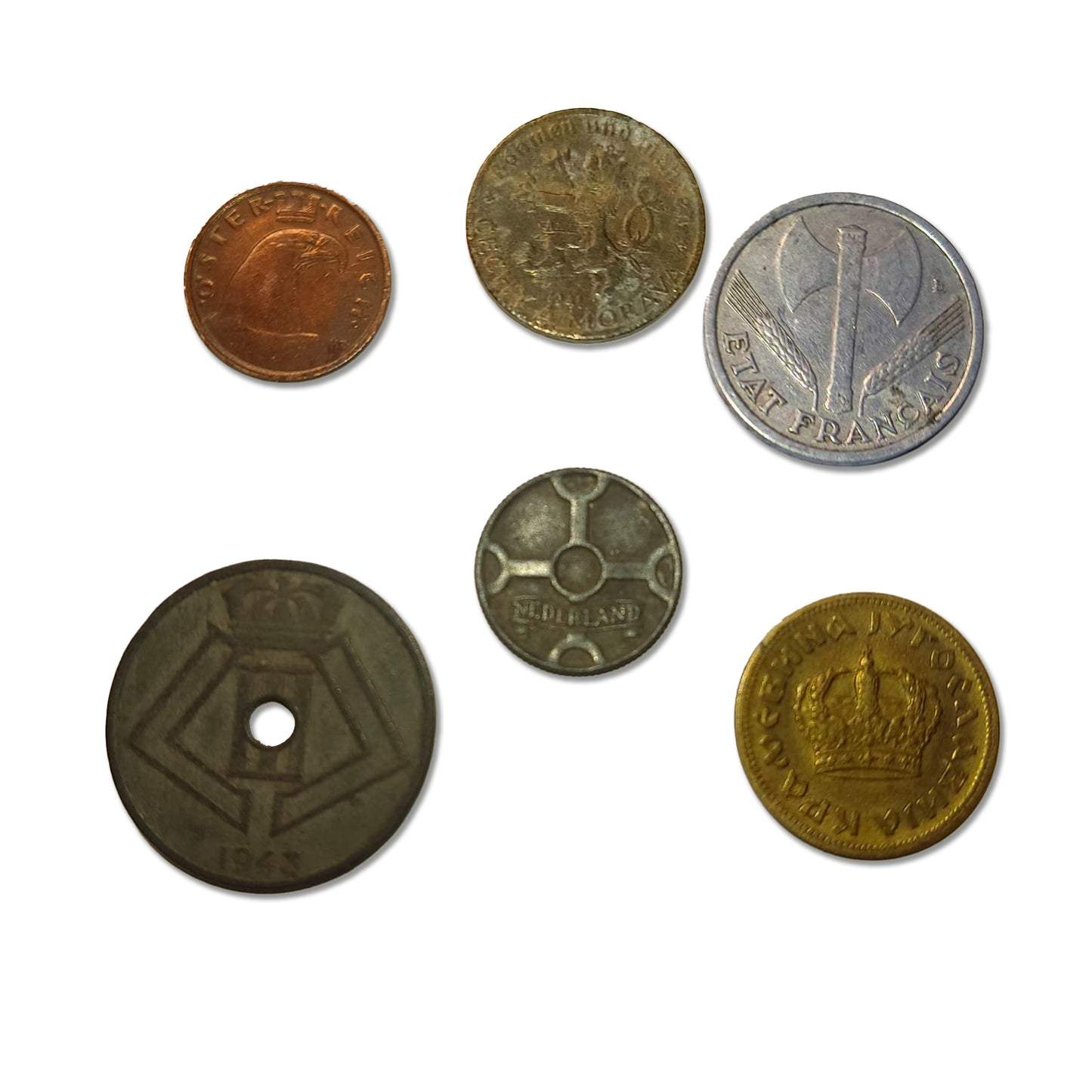 WW2 World Currency - 6 Coins Used During The World War 2 by The Germans in The Territories They Occupied (1925/45). Special WW2 Memorabilia for Collector, Certificate of Authenticity Included.