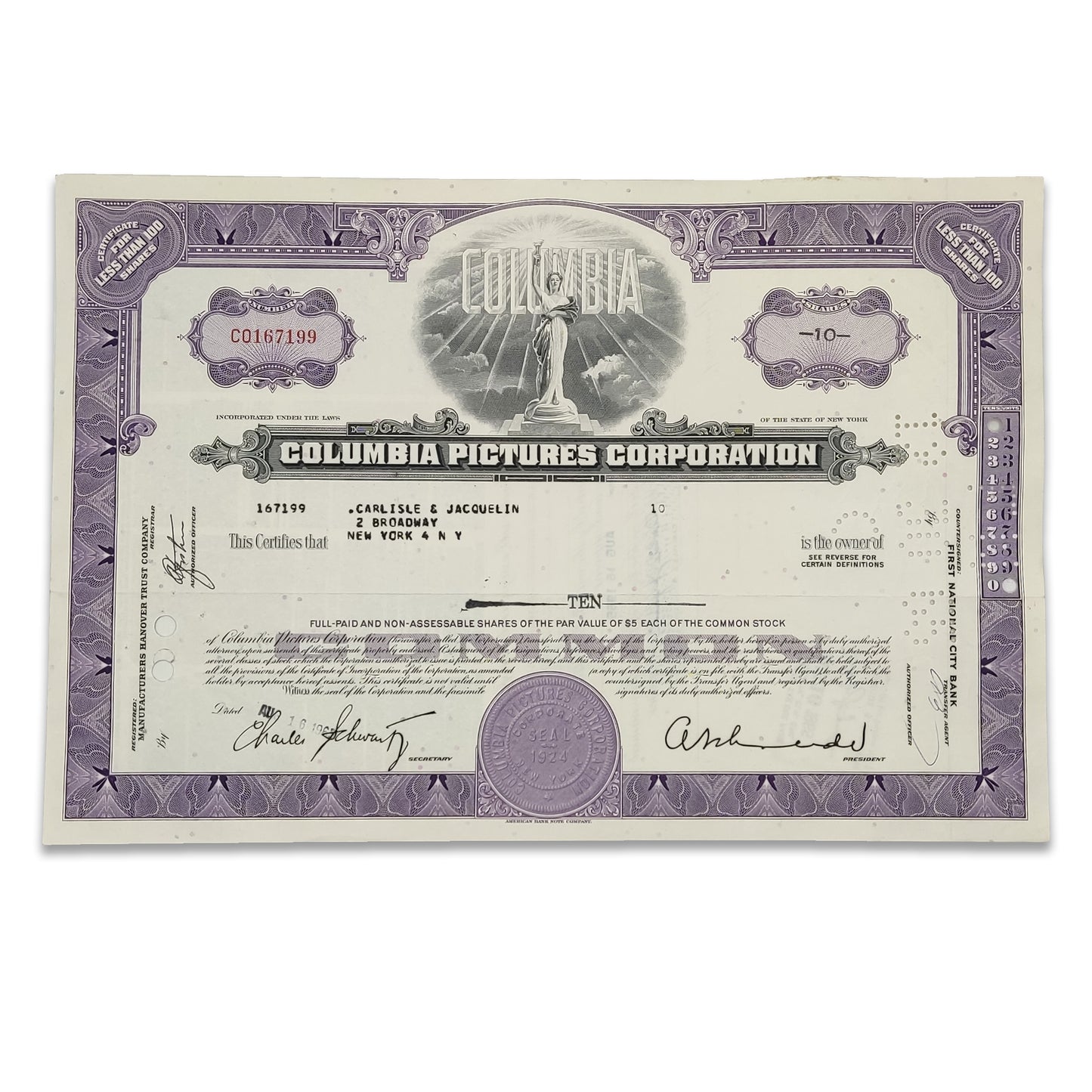 Certificado de acciones coleccionables - COLUMBIA Pictures Corporation