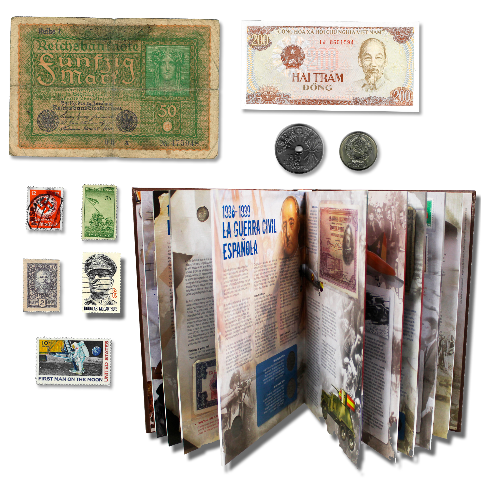 Colección de 52 monedas, sellos y billetes originales de las Guerras del Siglo XX (1914-1991)