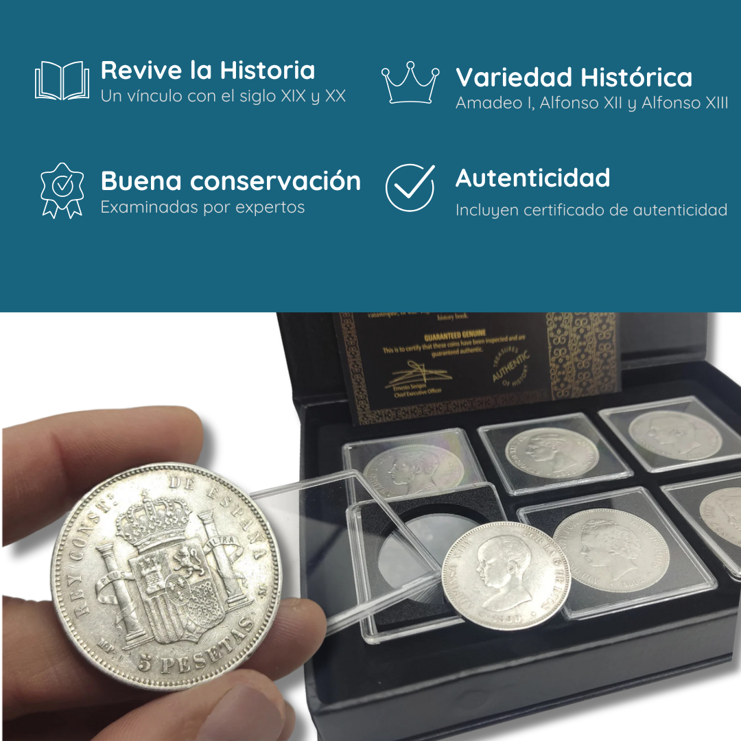 Colección Real Exclusiva: 6 Monedas Auténticas de 5 Pesetas de Plata (1871-1912)