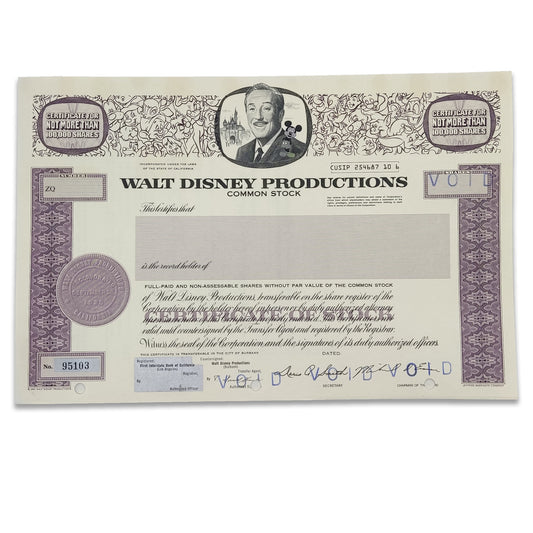 Collectible Stocks Certificate - WALT DISNEY Productions