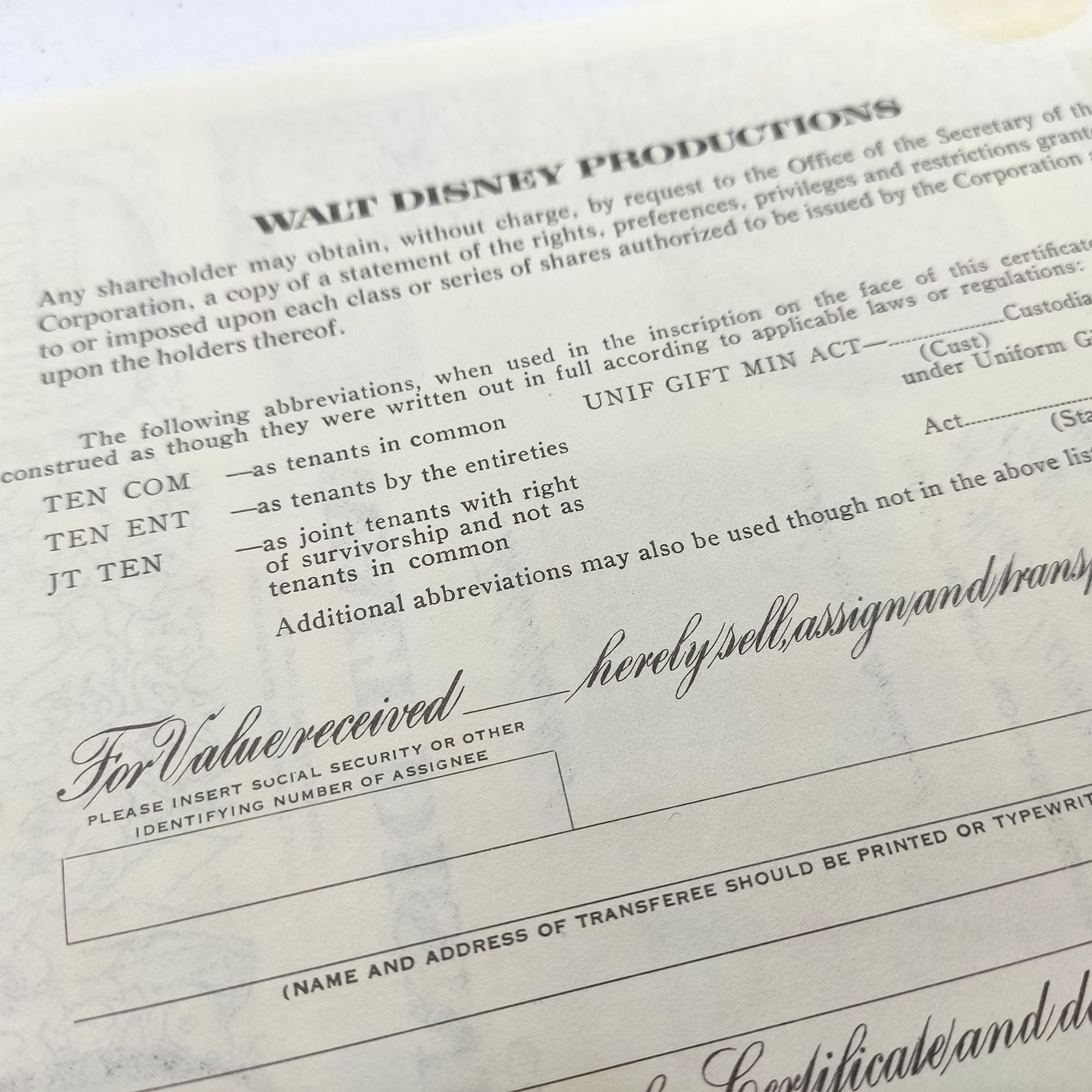 Sammleraktien-Zertifikat - WALT DISNEY Productions