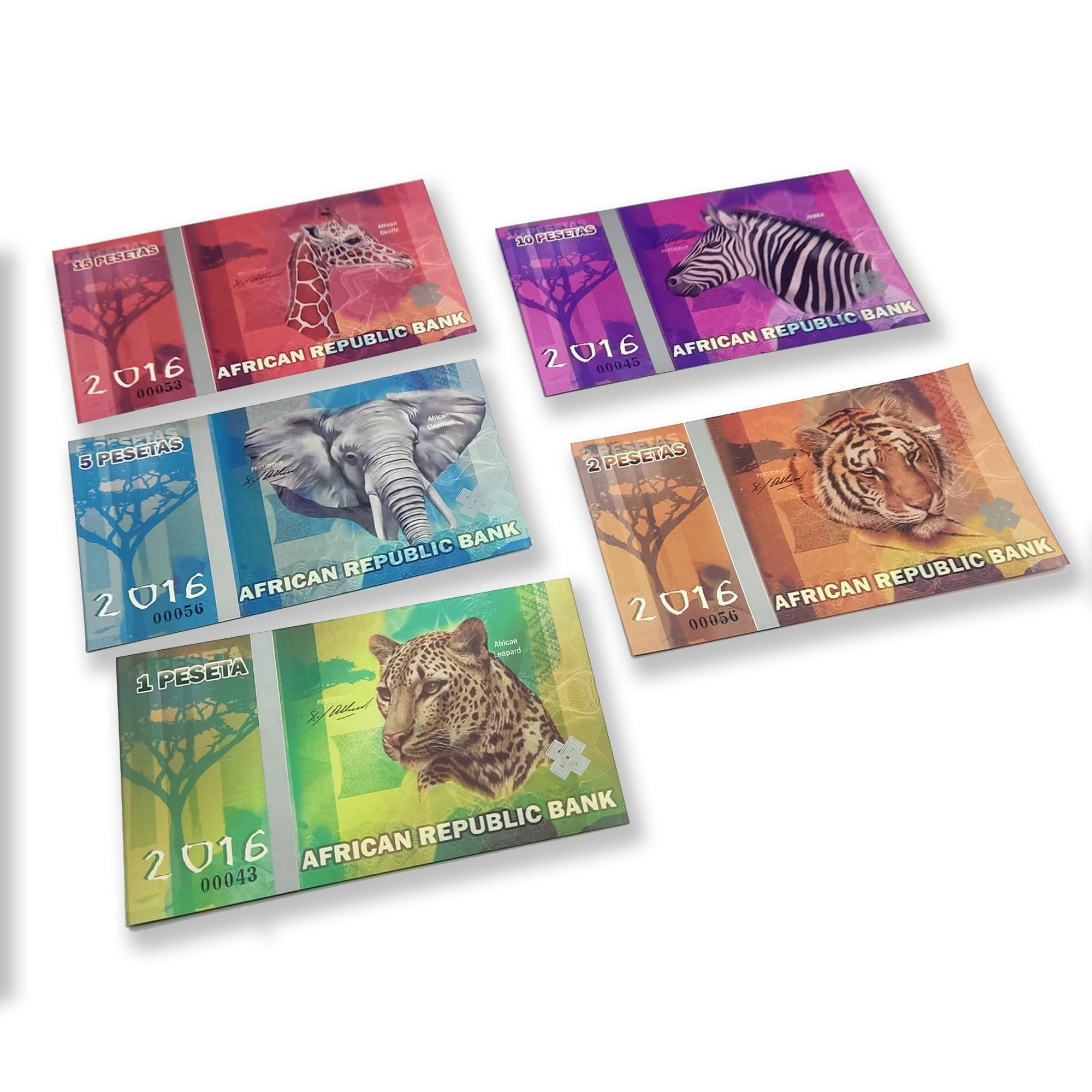 Billetes de Fantasía. 5 billetes fabricados en polímero conmemorativos de la fauna.