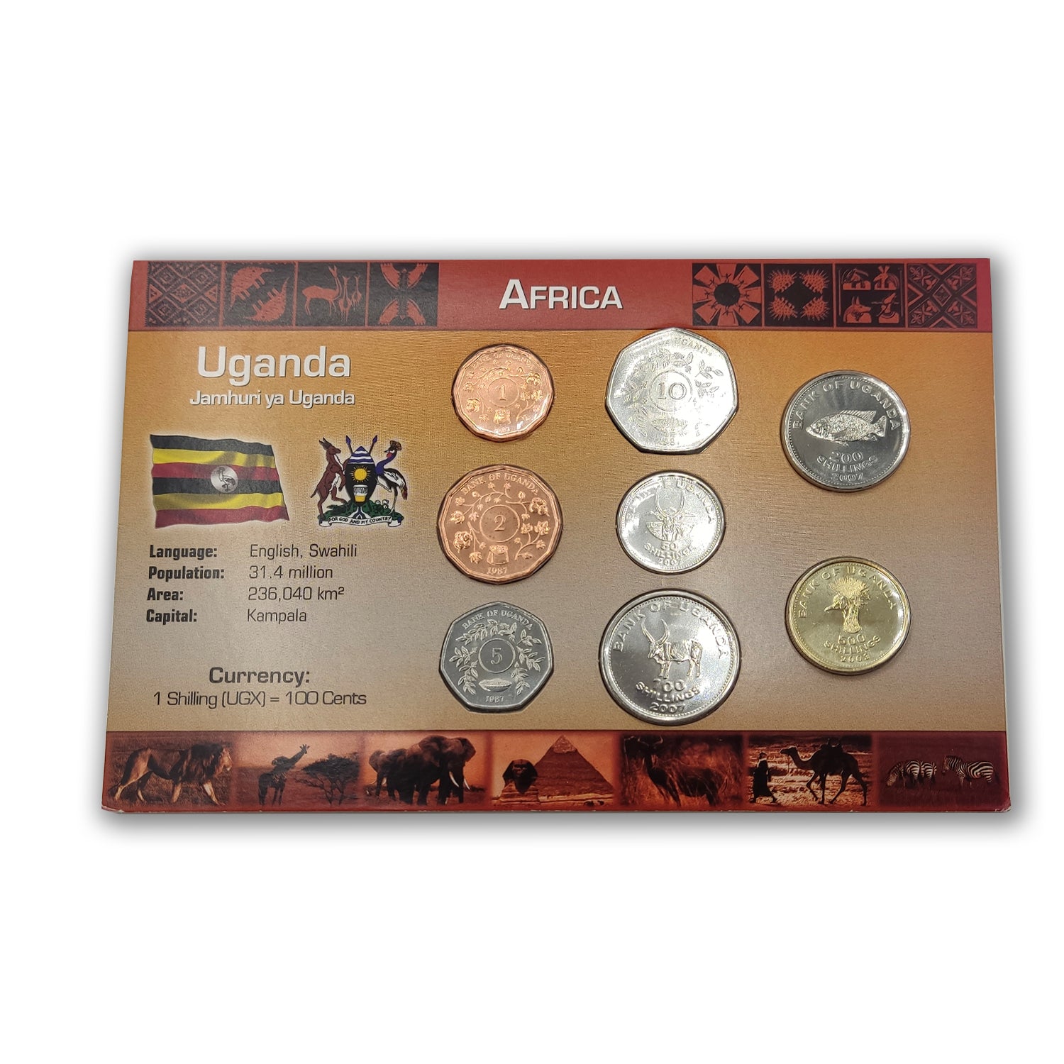 Monedas del Mundo. Blister de 8 auténticas monedas de Uganda