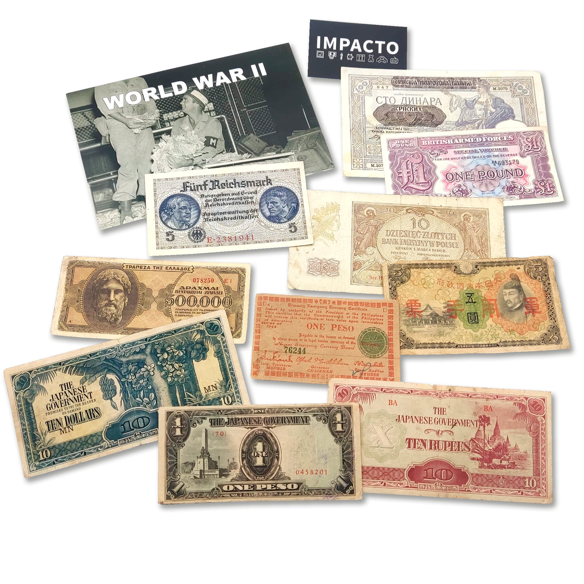 Monnaies mondiales de la Seconde Guerre mondiale–Billets de banque pour créer votre collection de devises étrangères–10 billets de banque des puissances alliées et de l'Axe en circulation, émis entre 1939 et 1945–Collection de billets de banque avec certi