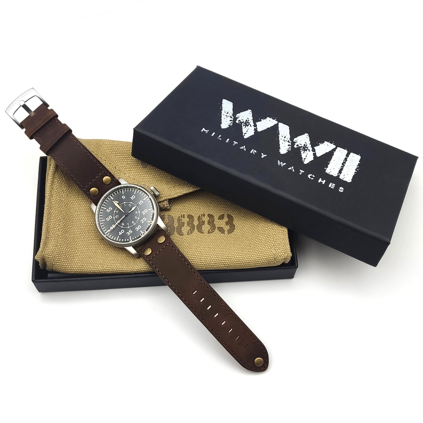 WW2 Military Watch - Vintage Luftwaffe Watch Black, Swiss-Quartz Movement with Genuine Leather Strap and 10 ATM Water Resistant. The Perfect WW2 Memorabilia. Mens Watches for Ever