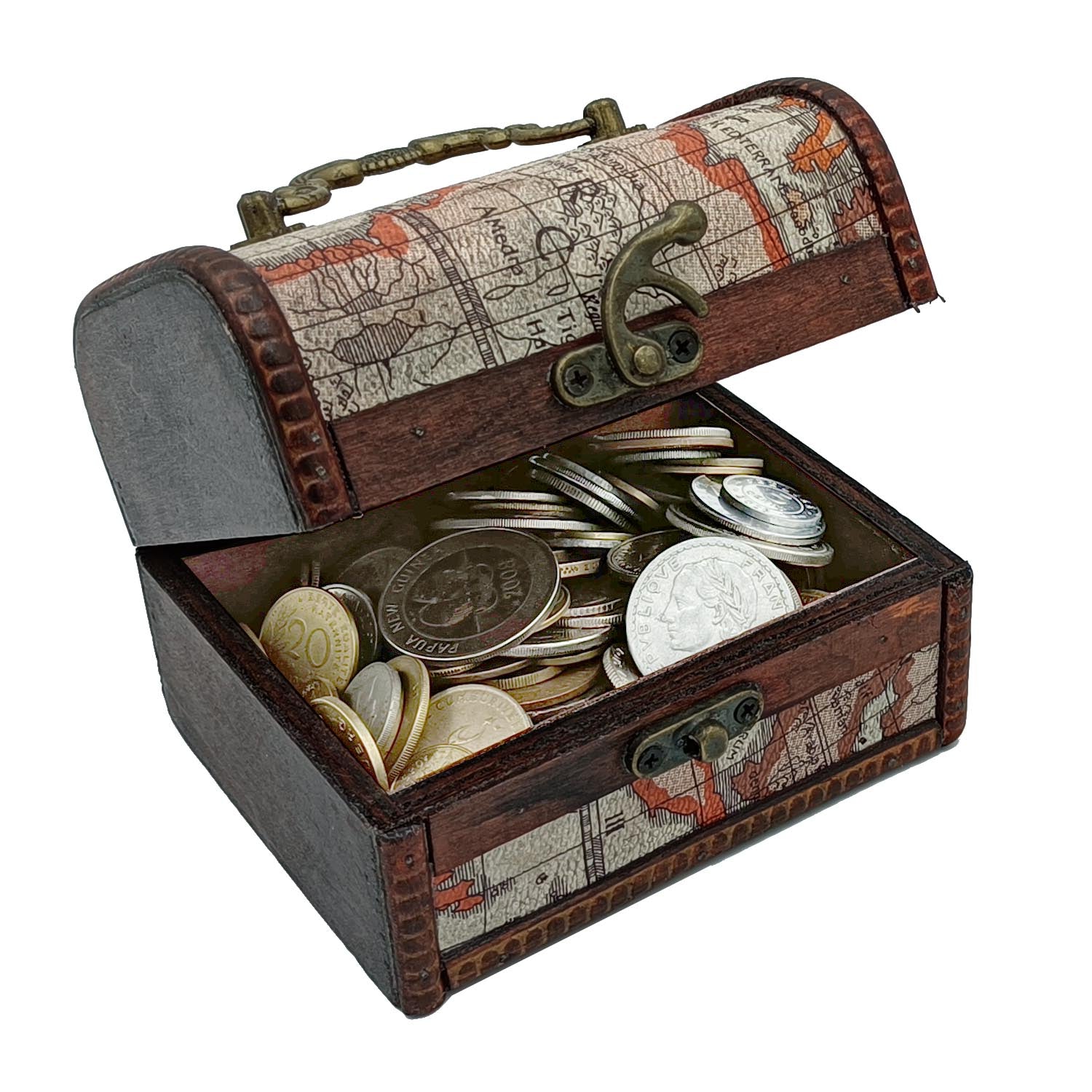 Collection de pièces de monnaie-Pièces de collection pour collectionneurs-Coffre au trésor avec 2 livres (1 kg) de pièces rares-Ensemble de devises mondiales-Coffret décoratif en bois-Ancienne monnaie étrangère (COA inclus)