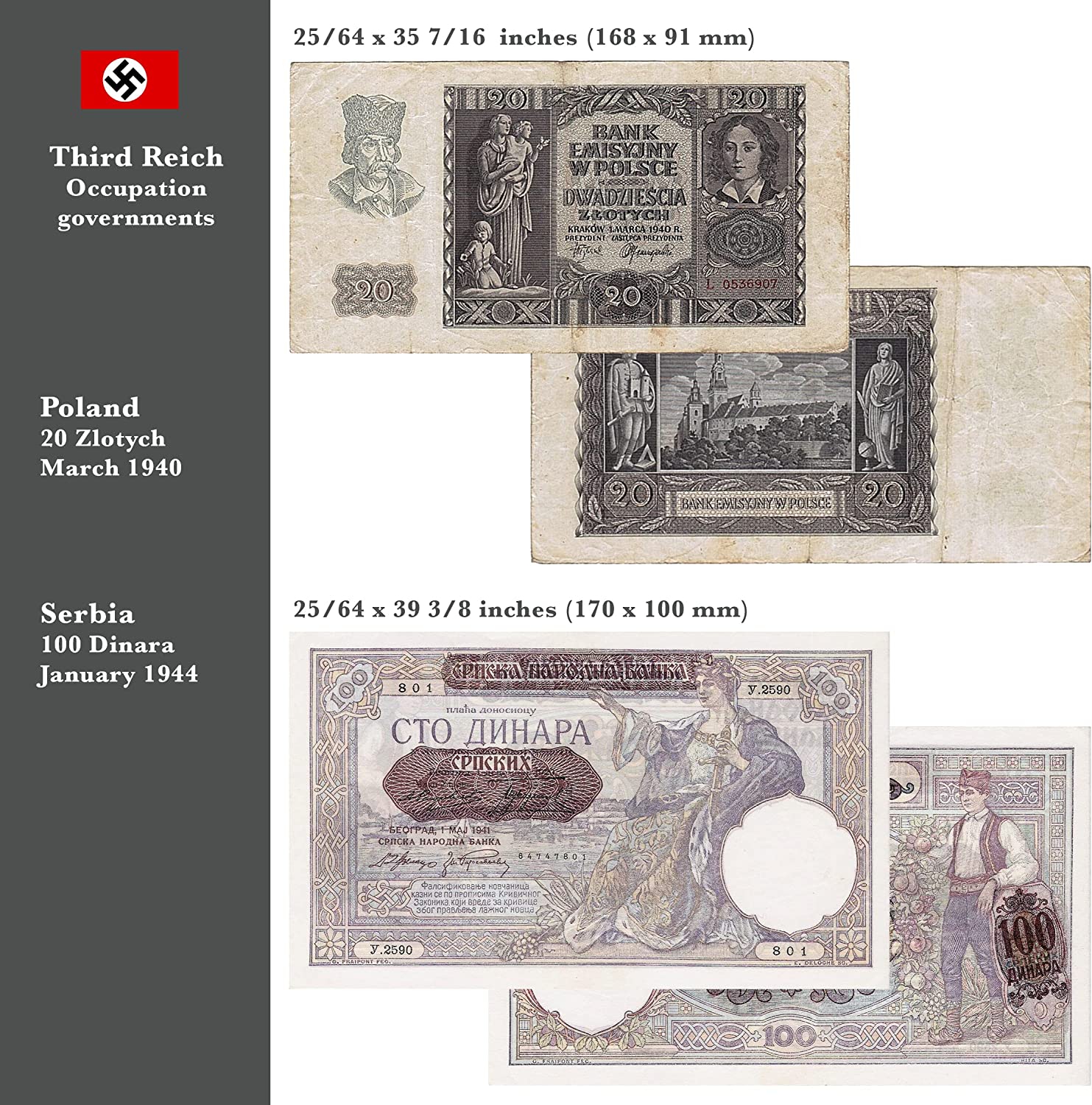 2 Banknotes that were used during the World War 2 by German to invade foreign territories (1939-45) - The Third Reich Invasion Money, Certificate of Authenticity included.