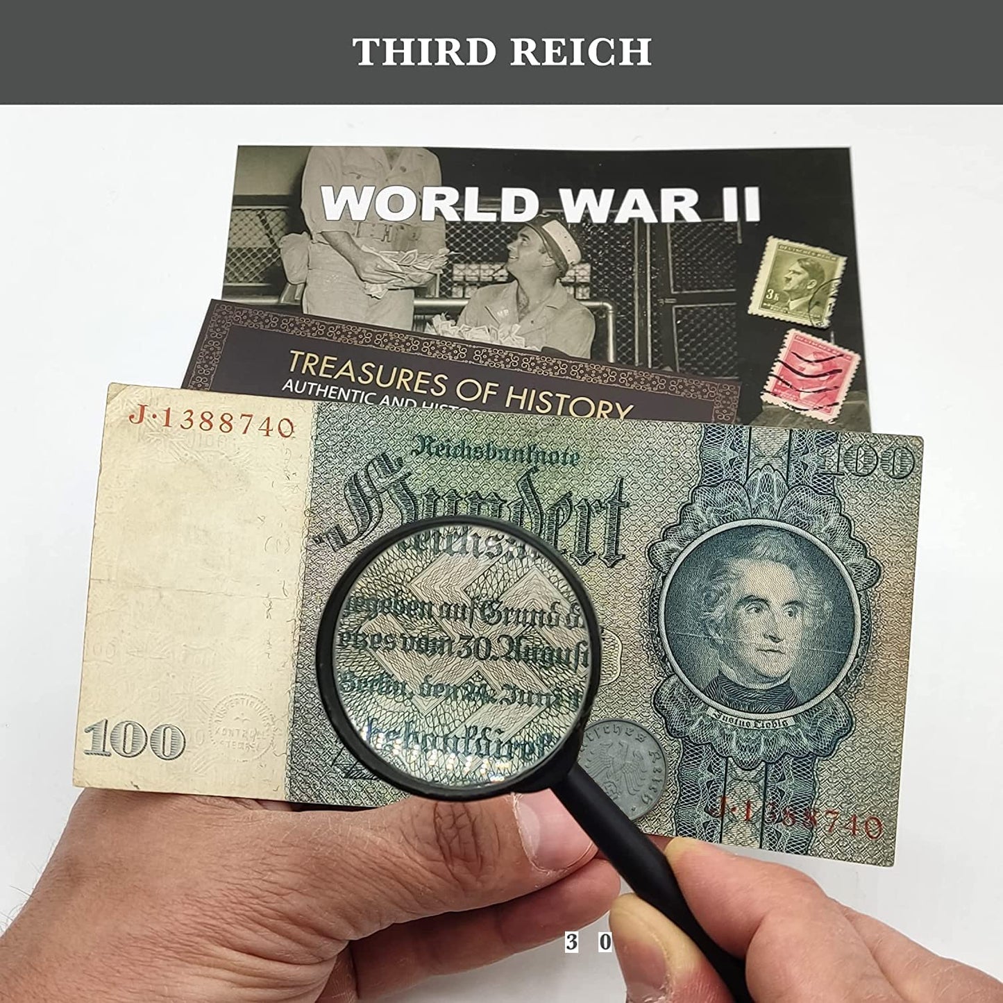 Colección del Tercer Reich alemán de la Segunda Guerra Mundial: billete de 100 Reichsmark + moneda de 10 Reichspfennig + 2 sellos de Bohemia. Certificado de autenticidad incluido