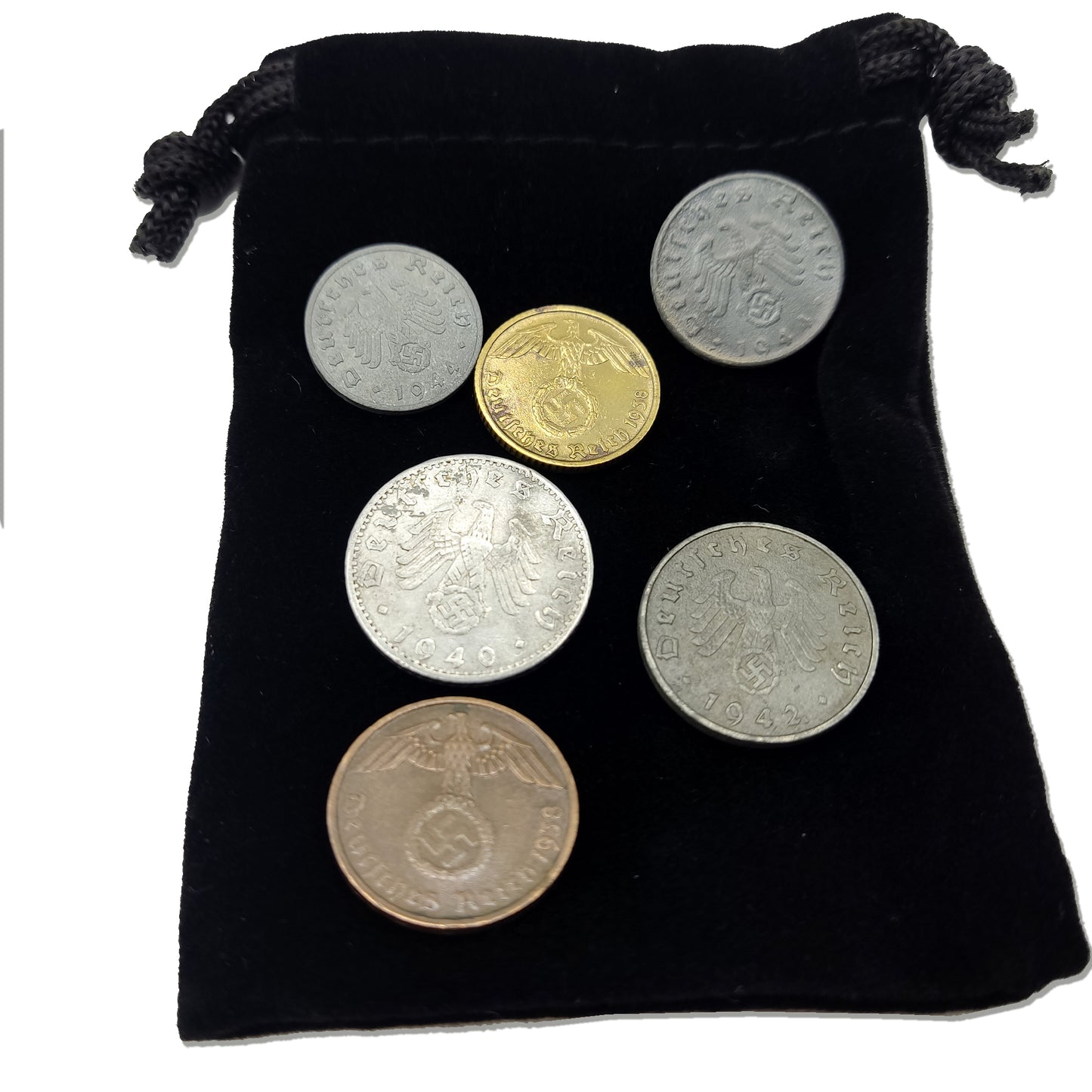 Monedas de la Segunda Guerra Mundial: 6 monedas nazis emitidas entre 1936 y 1945. Objetos de recuerdo de la Segunda Guerra Mundial del Tercer Reich. Colección de bolsos de terciopelo del Eje 