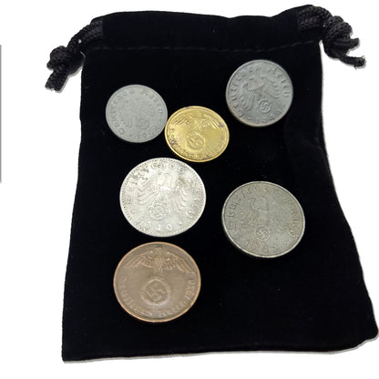 WW2 World Currency - 6 Nazi Coins Issued from 1936/45 - Third Reich WW2 Memorabilia - Axis Velvet Bag Collection