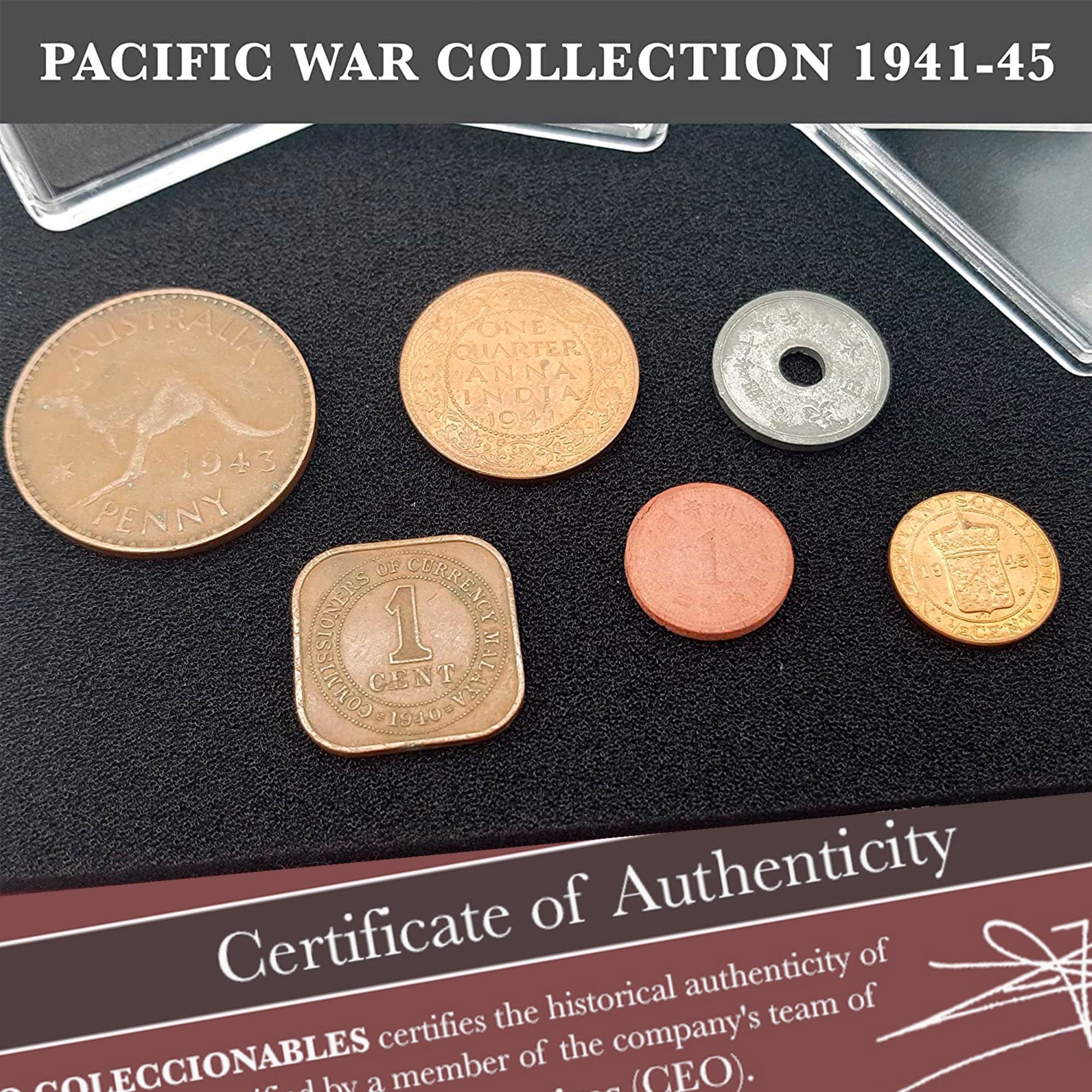 WW2 World Currency - 6 Coins Used During The World War 2 in The Pacific, The Pearl Harbor Collection (1938-1945). Special WW2 Memorabilia for Collector, Certificate of Authenticity Included.