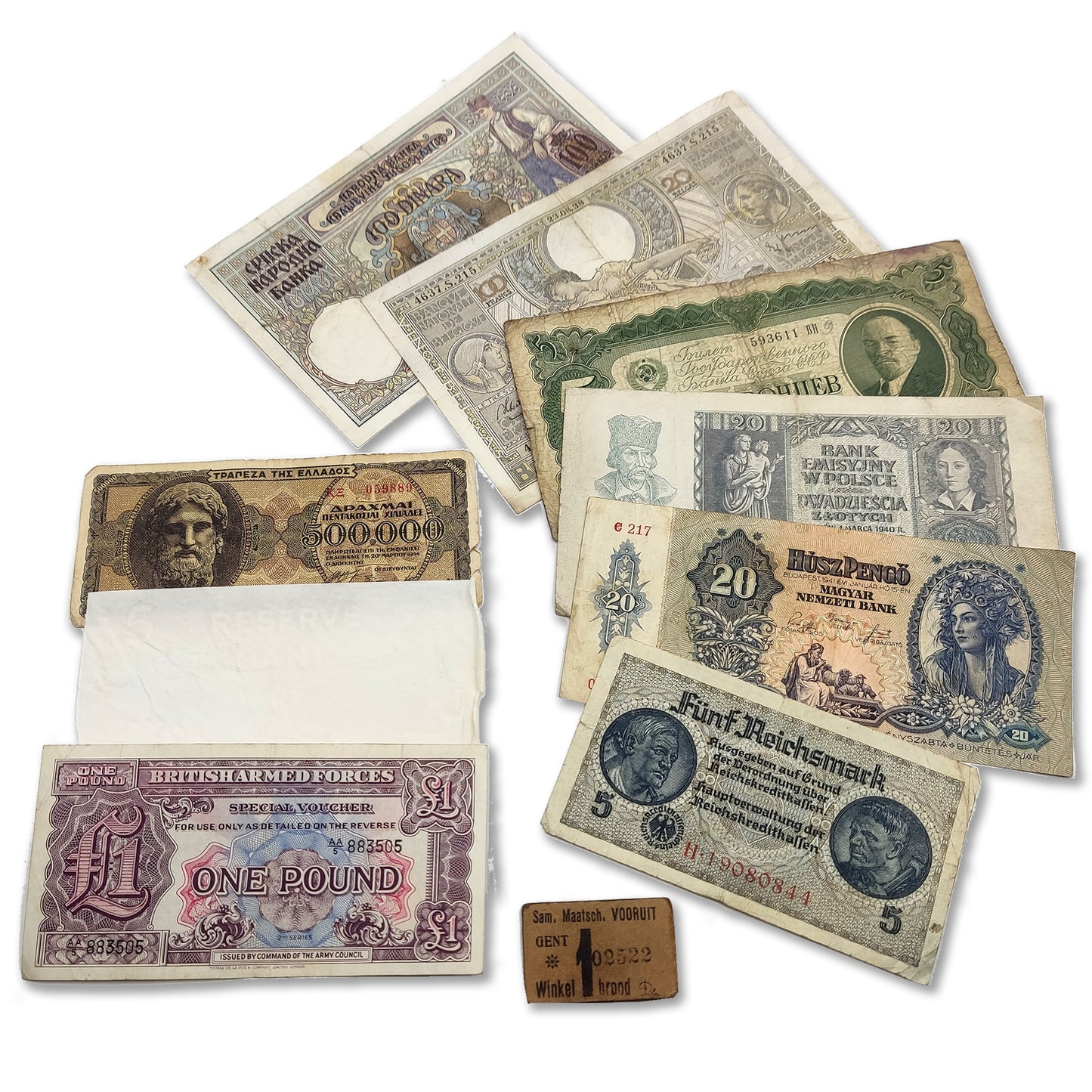 10 Billetes Originales en Circulación emitidos durante la Segunda Guerra Mundial en Europa, con Certificado de Autenticidad