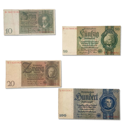 Cuatro billetes de Reichsmark alemán de la Segunda Guerra Mundial con fecha de 1929, 1929, 1933 y 1935. Incluye certificado de autenticidad. 