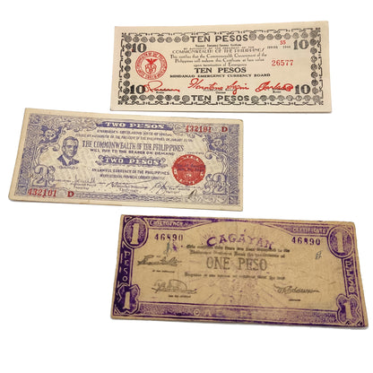 Moneda mundial de la Segunda Guerra Mundial: 3 billetes utilizados durante la Segunda Guerra Mundial por la guerrilla (Filipinas 1941-1945): el dinero de la sentencia de muerte, certificado de autenticidad incluido. 