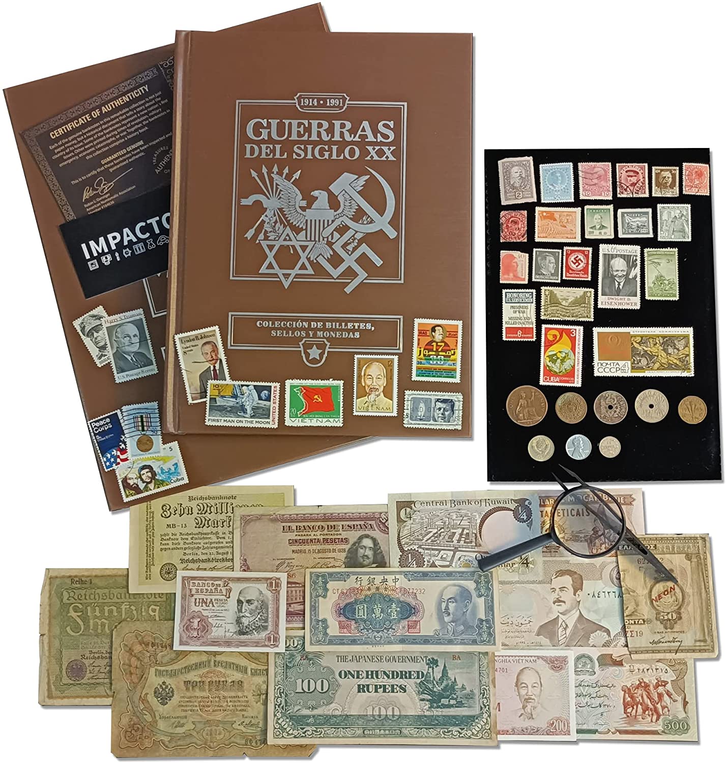 Collection of 52 original coins, stamps and banknotes of the 20th Century Wars (1914-1991).