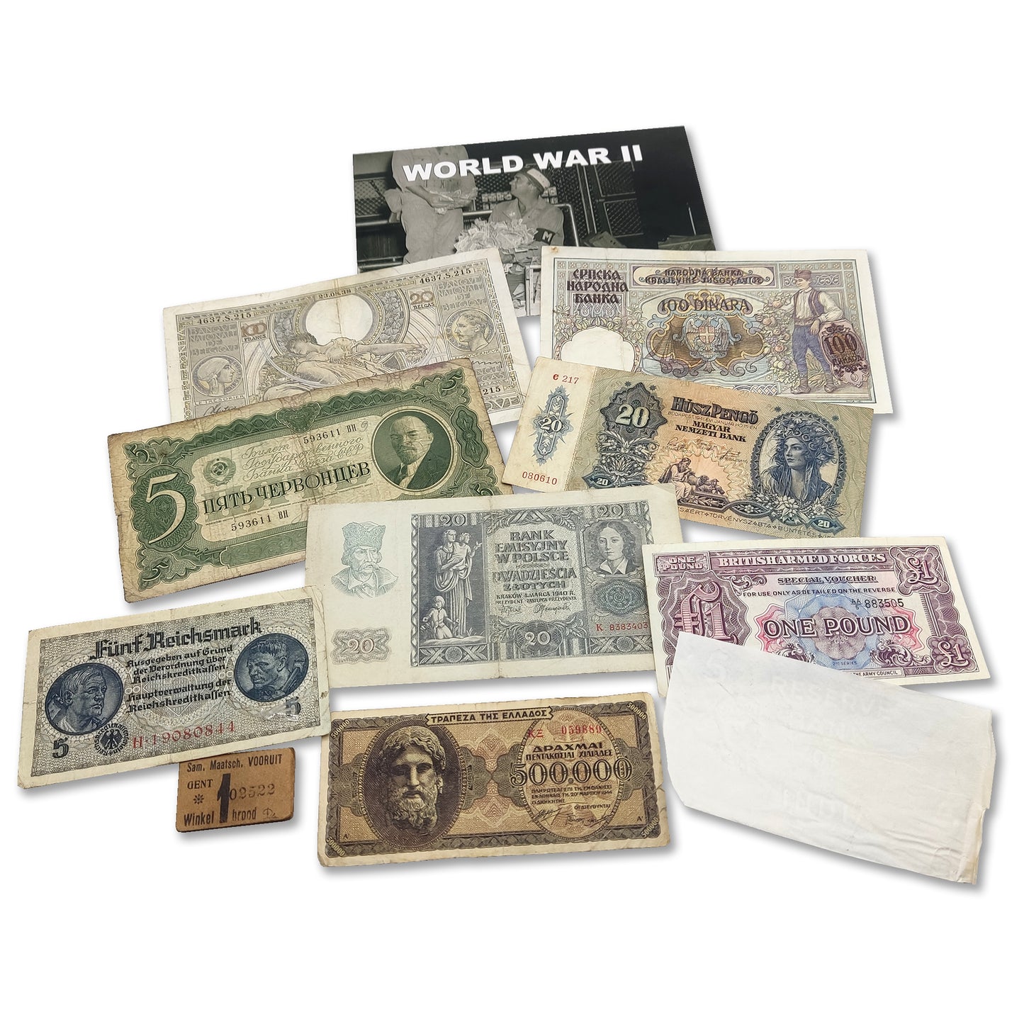 10 Billetes Originales en Circulación emitidos durante la Segunda Guerra Mundial en Europa, con Certificado de Autenticidad