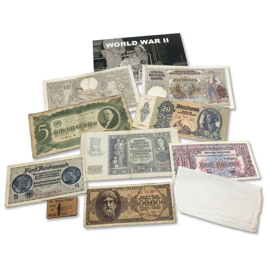 10 circulated Original Banknotes issued during World War II in Europe, with Certificate of Authenticity