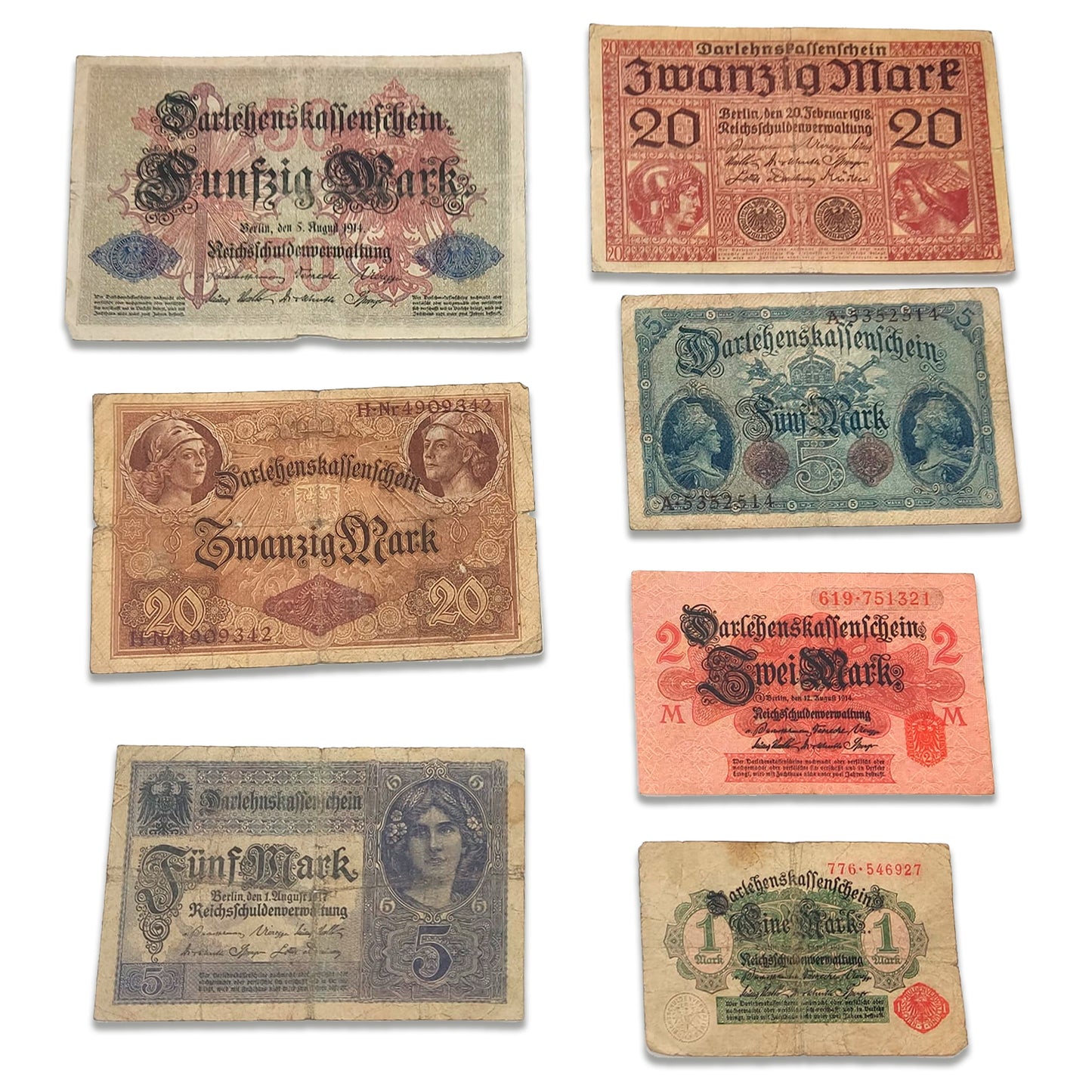 Colección Imperio Alemán de la Primera Guerra Mundial: 7 billetes emitidos entre 1914 y 1918. Certificado de autenticidad incluido. 