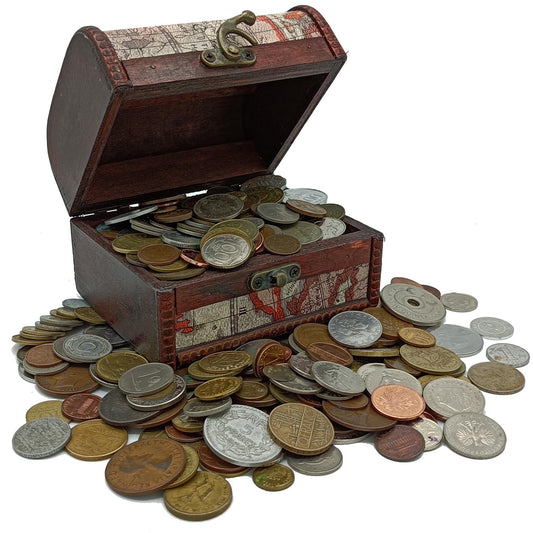 Colección de Monedas - Monedas Coleccionables para Coleccionistas - Cofre del Tesoro con 2 Libras (1 Kg.) de Monedas Raras - Juego de Monedas del Mundo - Caja Decorativa de Madera - Moneda Extranjera Antigua (COA Incluido) 