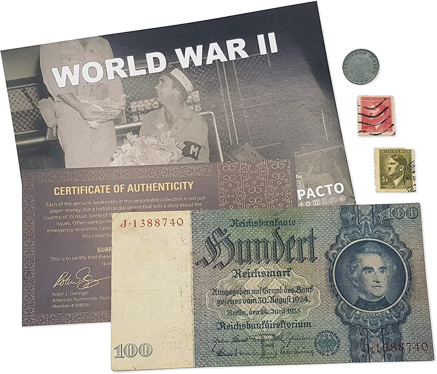 WWII German Third Reich Collection - 100 Reichsmark note + 10 Reichspfennig coin + 2 stamps from Bohemia. Certificate of Authenticity included