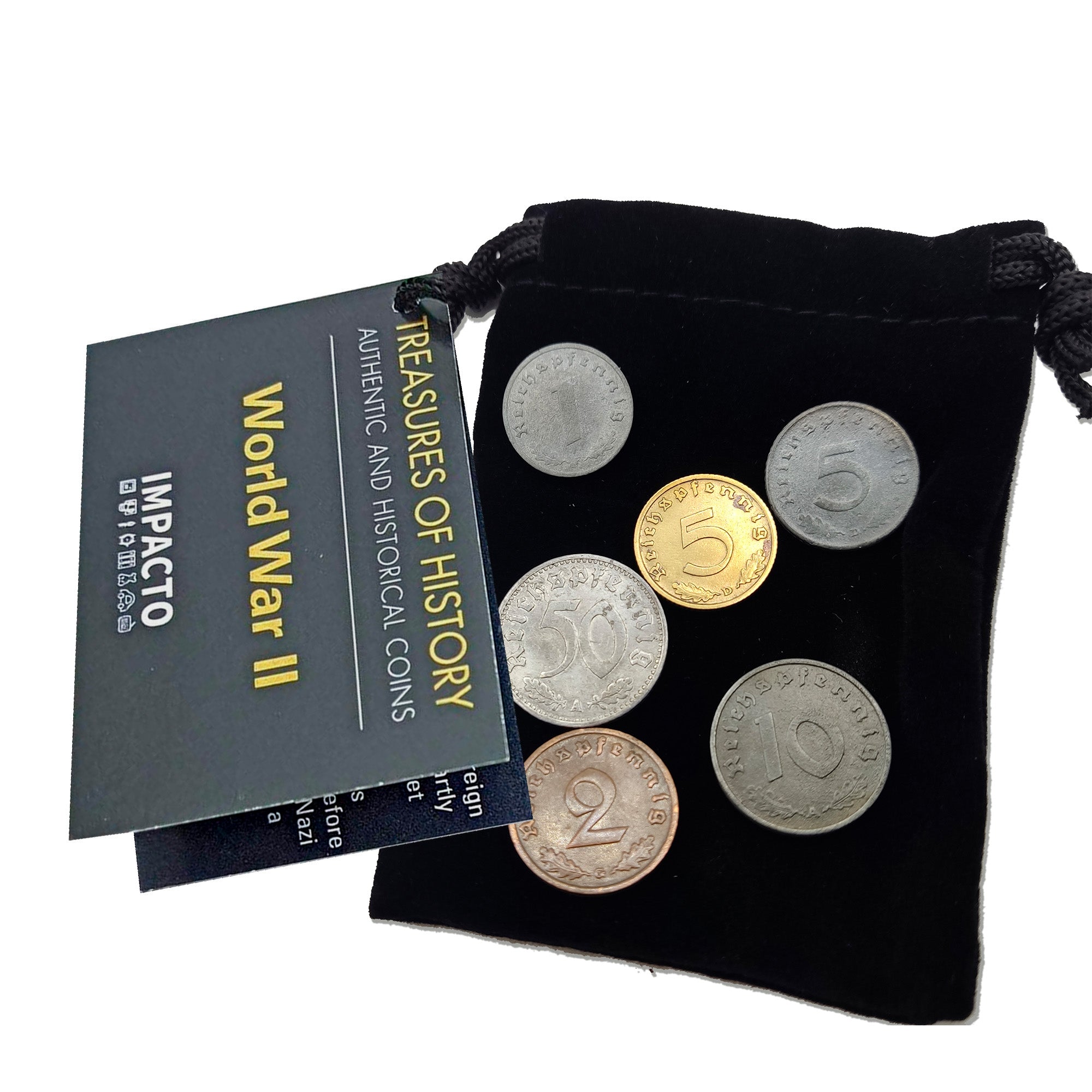 WW2 Nazi Coins Collection: 6 Coins Issued (1936-1945) in Velvet Bag