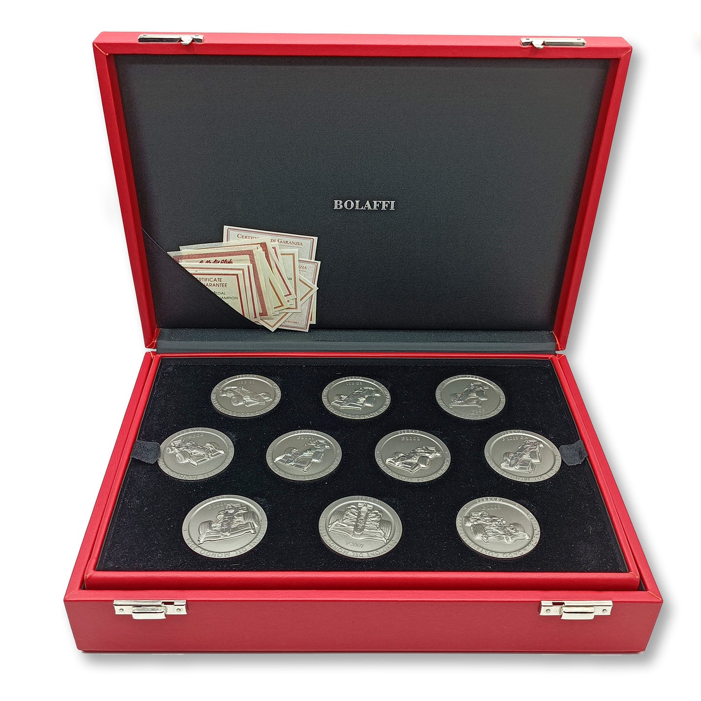 Colección de monedas Ferrari - 20 medallas oficiales de colección de Ferrari F1, campeonatos del mundo - Fabricadas en titanio - Monedas de F1 - Monedas coleccionables para coleccionistas - Monedas Ferrari 1952-2008 