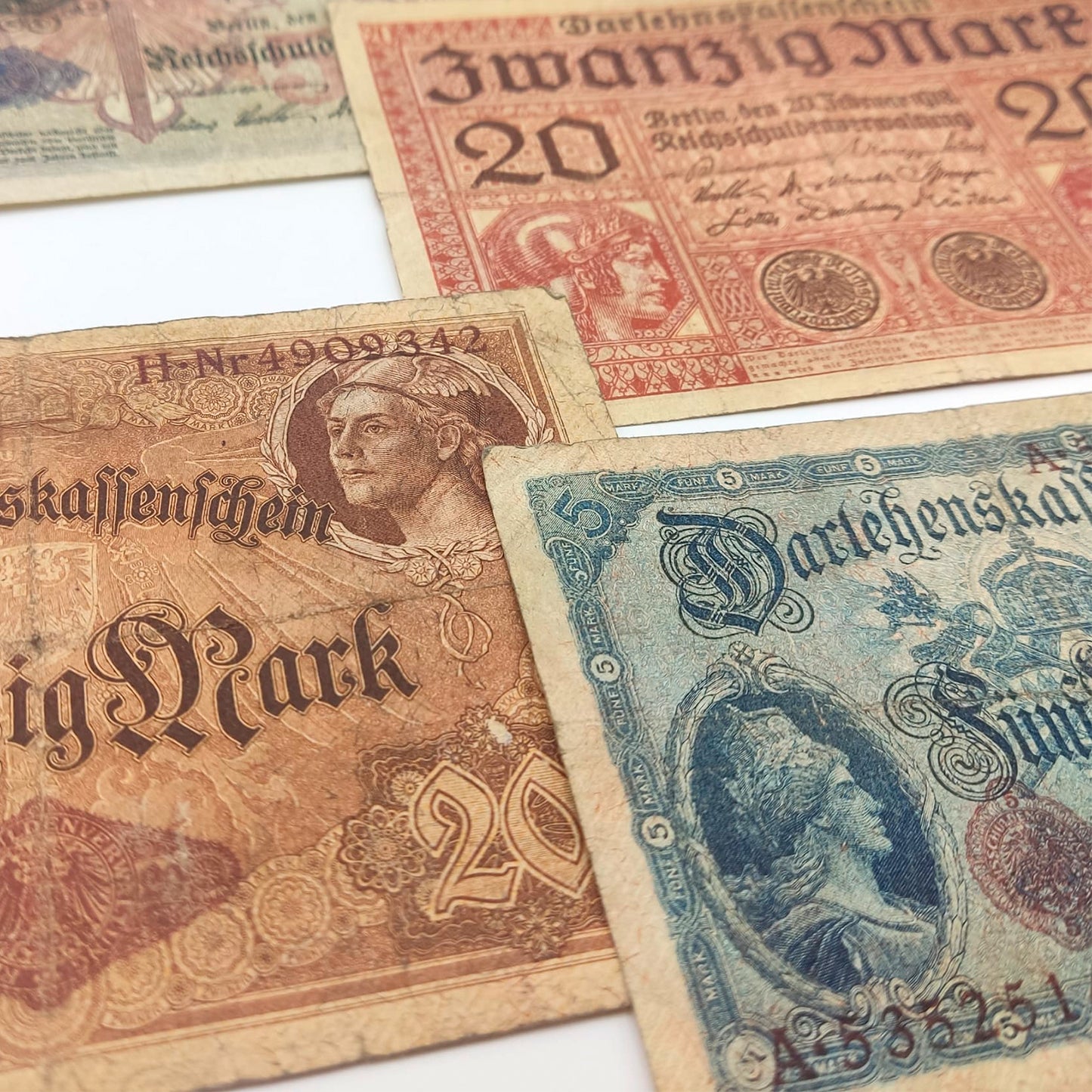 Colección Imperio Alemán de la Primera Guerra Mundial: 7 billetes emitidos entre 1914 y 1918. Certificado de autenticidad incluido. 