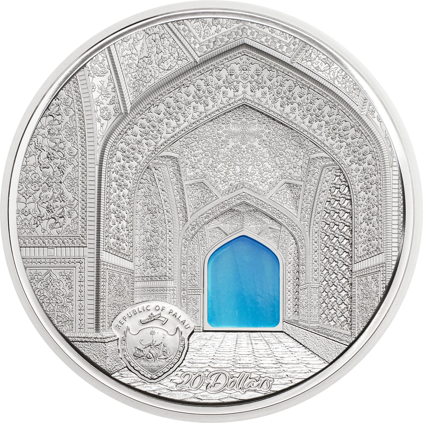 Palau, 20 dólares 2020. Tiffany Art Isfahan – Plata Proof 3 Oz.