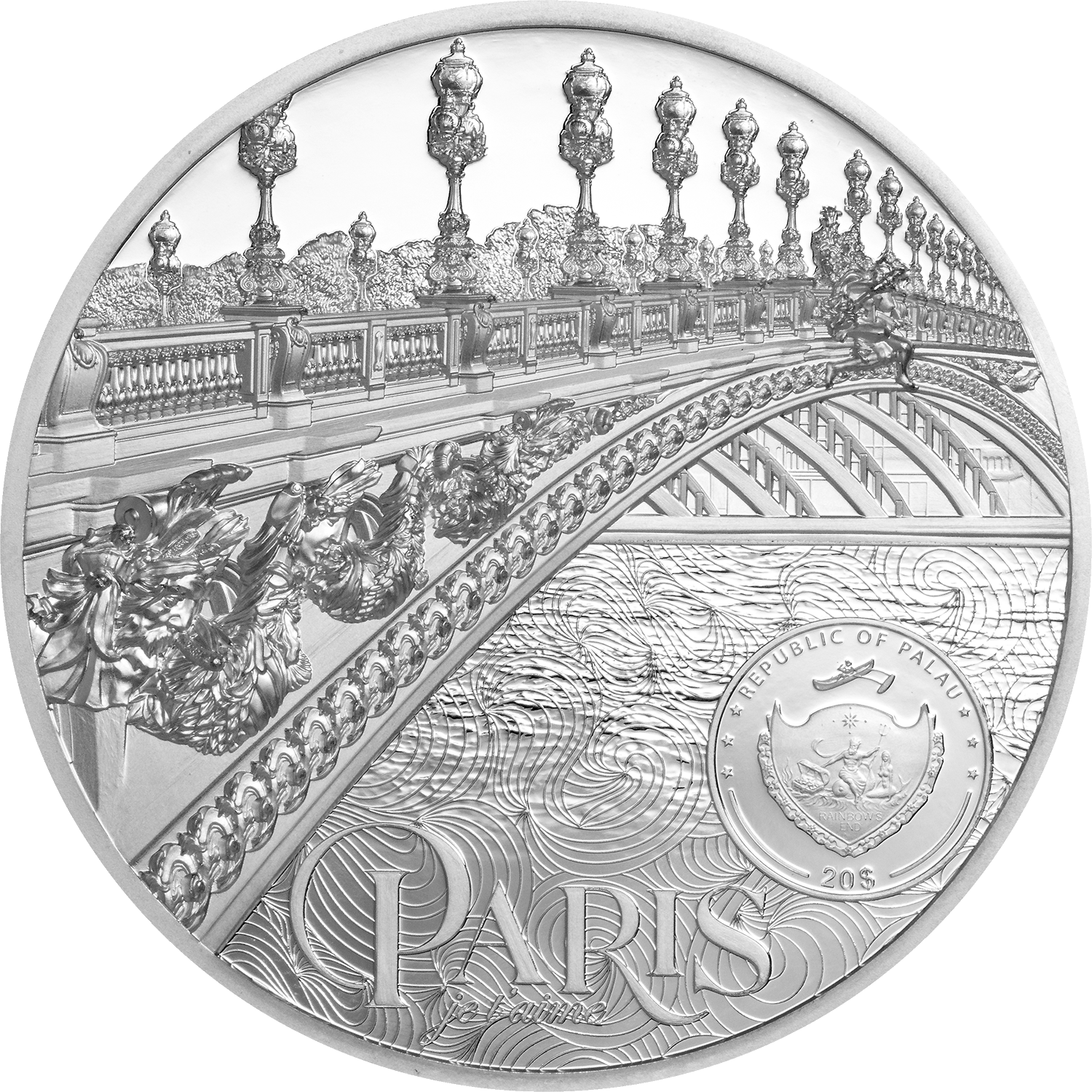 Palau, 20 dollars 2021. Tiffany Art - Paris 3 Oz. Silver