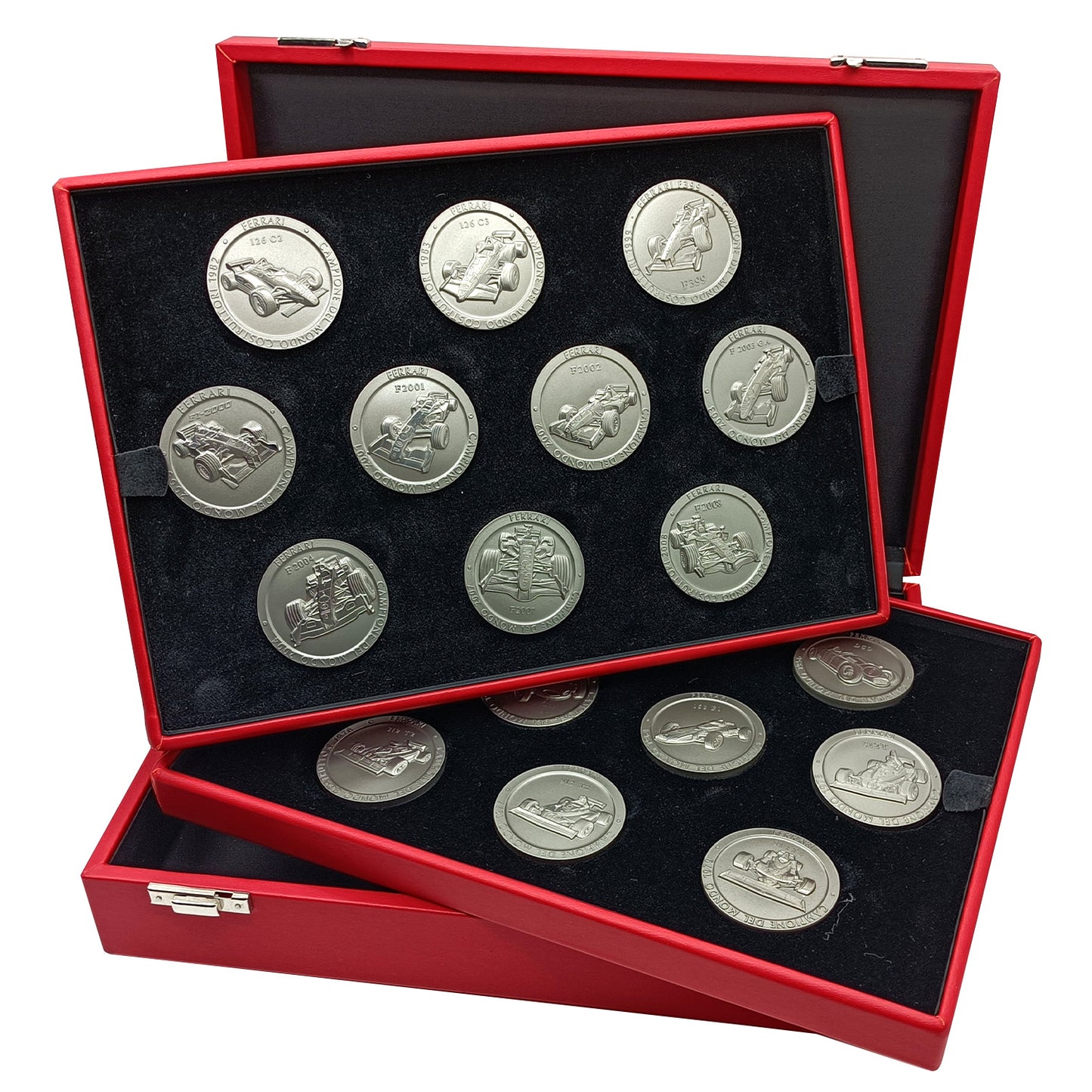 Colección de monedas Ferrari - 20 medallas oficiales de colección de Ferrari F1, campeonatos del mundo - Fabricadas en titanio - Monedas de F1 - Monedas coleccionables para coleccionistas - Monedas Ferrari 1952-2008 