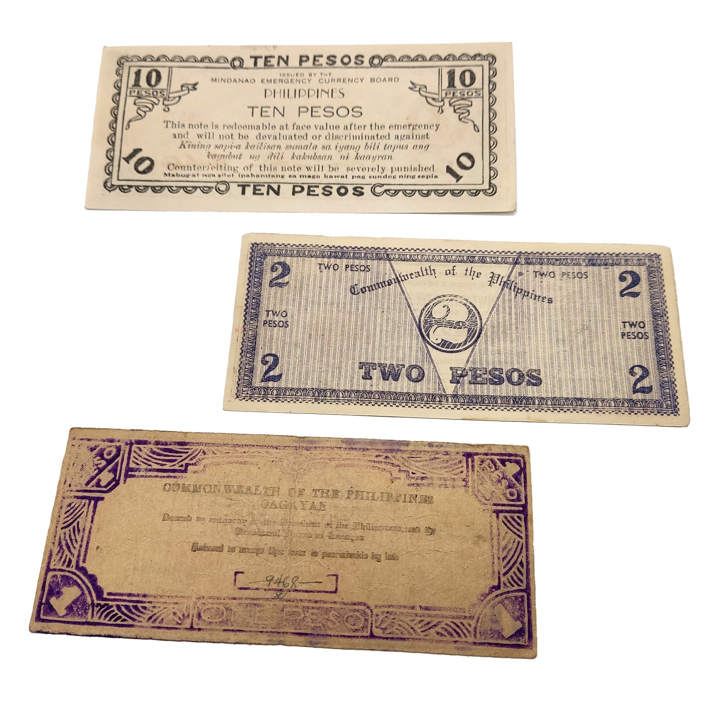 Moneda mundial de la Segunda Guerra Mundial: 3 billetes utilizados durante la Segunda Guerra Mundial por la guerrilla (Filipinas 1941-1945): el dinero de la sentencia de muerte, certificado de autenticidad incluido. 