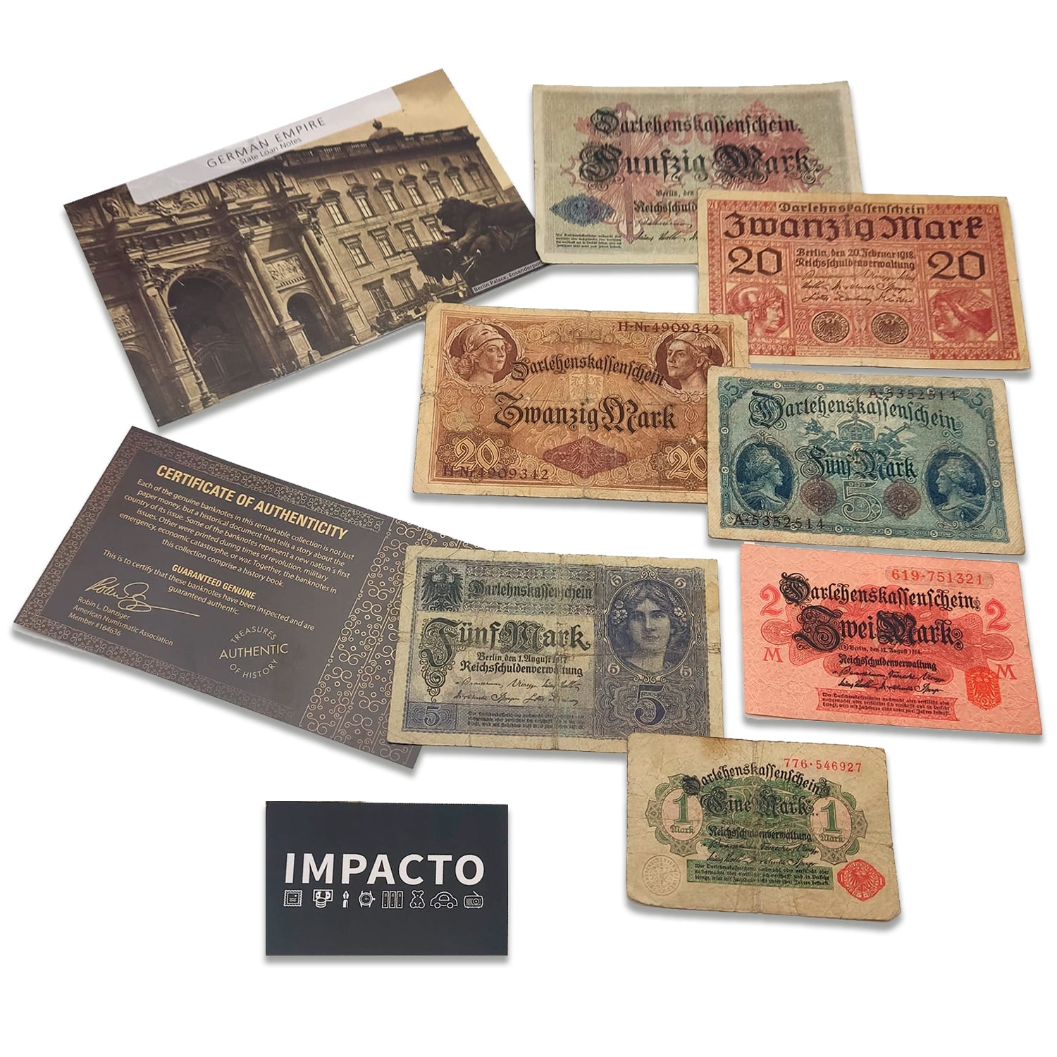 Sammlung Deutsches Reich aus dem Ersten Weltkrieg - 7 Banknoten, ausgegeben von 1914 bis 1918. Inklusive Echtheitszertifikat 